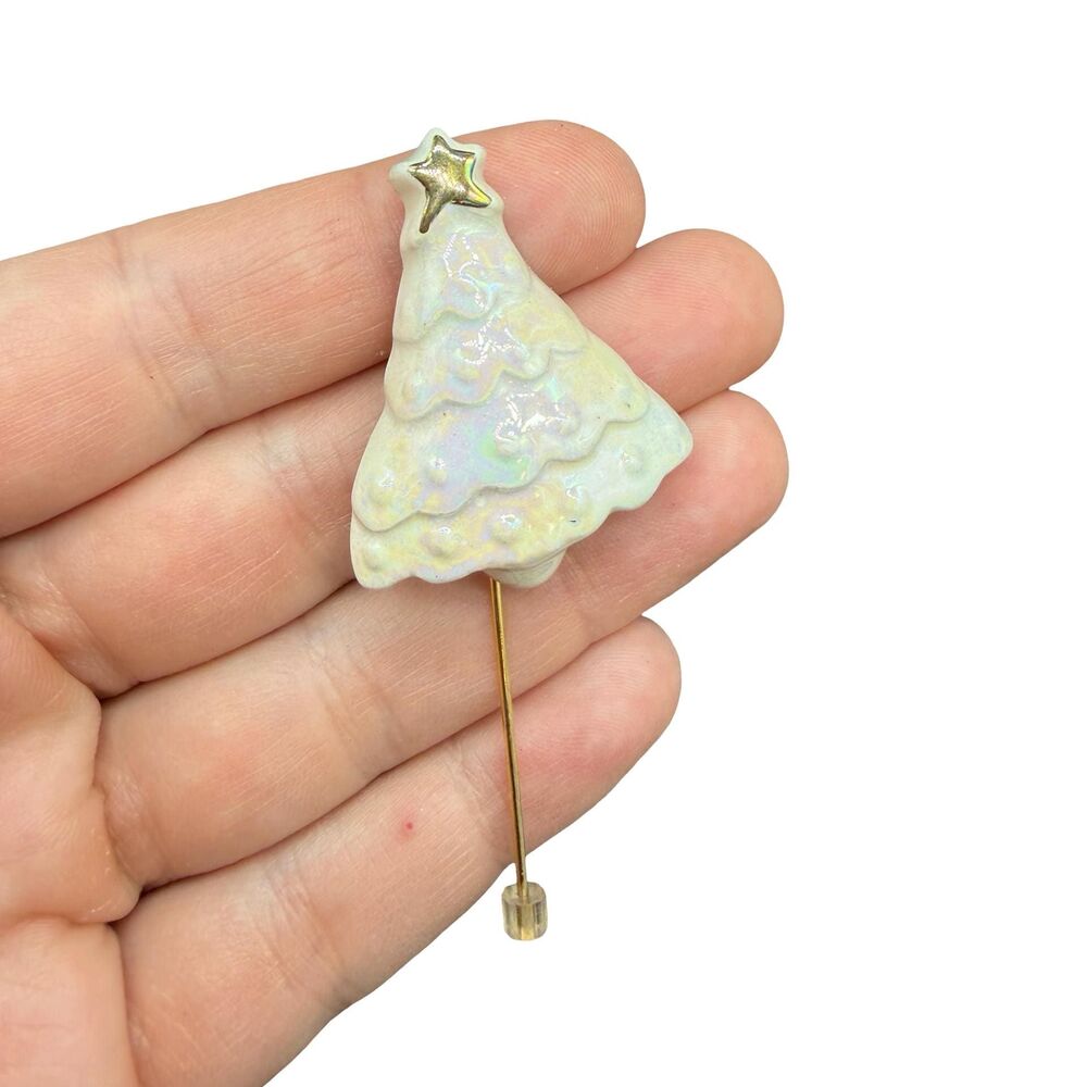 Vintage Jewelry White Christmas Tree Stick Pin Christmas Brooch Holiday Jewelry